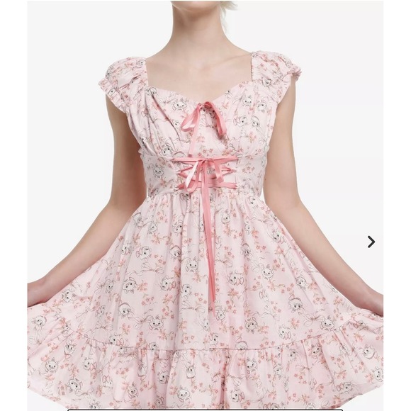 Disney Marie Aristocats Pink Floral Lace Up Corset Ruffle Cap Sleeve Dress LG - Picture 2 of 8